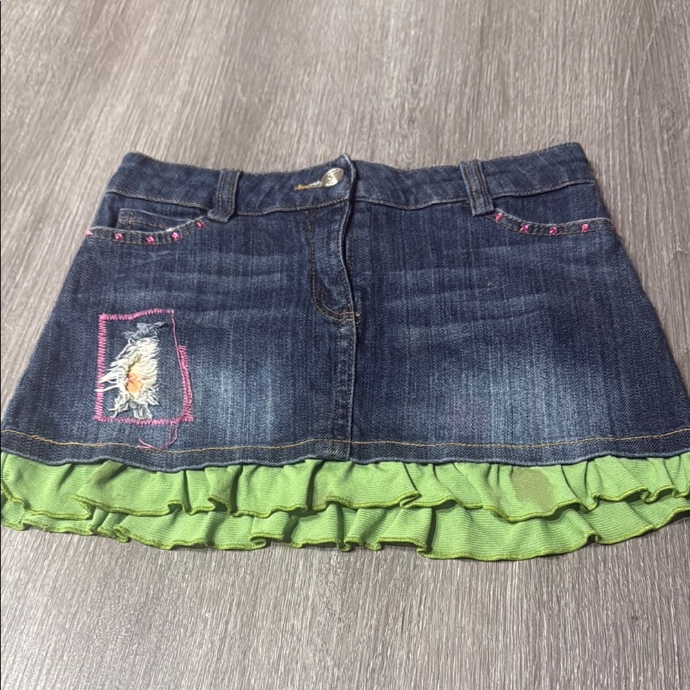 Little Mass Denim Skirt with Green Ruffle - Picture 1 of 5